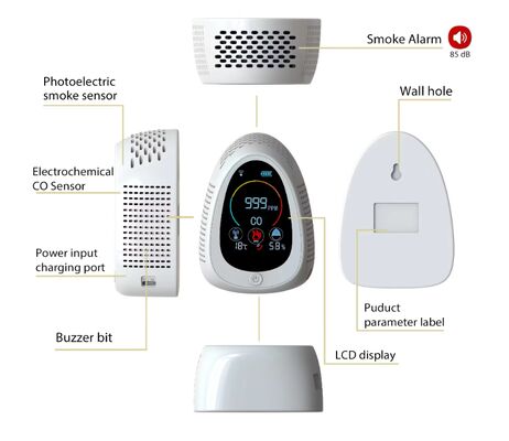 سعر جيد GZAIR PT03 5-in-1 Air Quality Monitor - CO/Smoke/Temp/Humidity Detection, WiFi Connectivity, Wall-Mounted/Desktop Dual Installation الانترنت