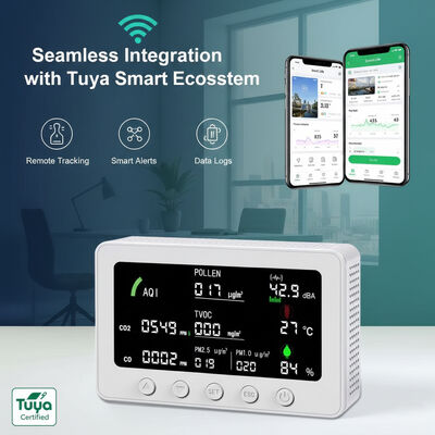 جهاز كشف جودة الهواء الداخلي الذكي Tuya معتمد من CE FCC OEM ODM 10 في 1، يقيس PM1.0/PM2.5/CO2/CO/TVOC/POLLEN/AQI مع RS485